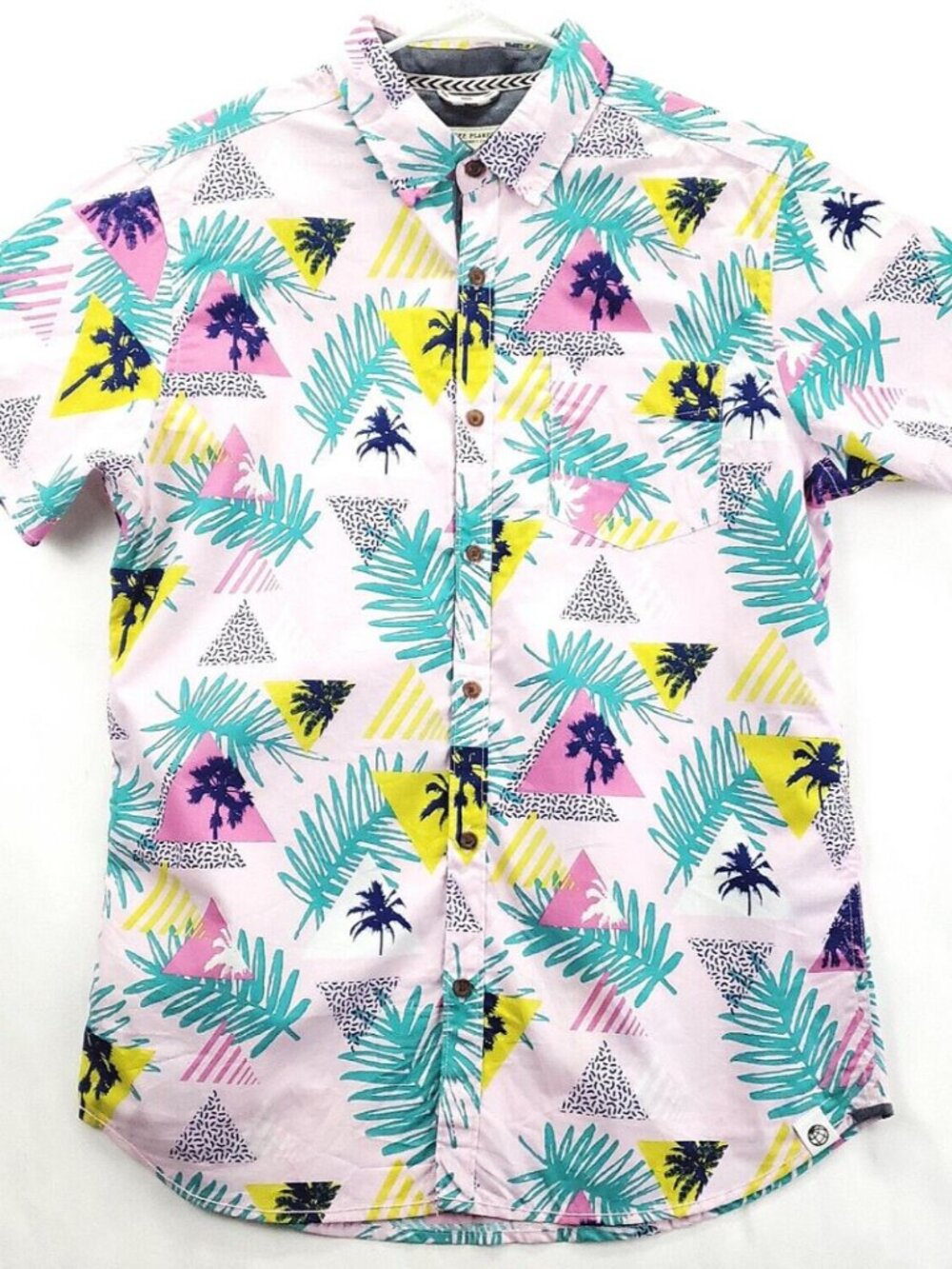 Free Planet Shirt Mens Large Pink White Tropical 100% Cotton Classic Button-Up
